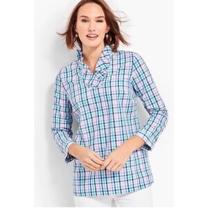 Talbots Plaid Ruffle Collar Women's popover top